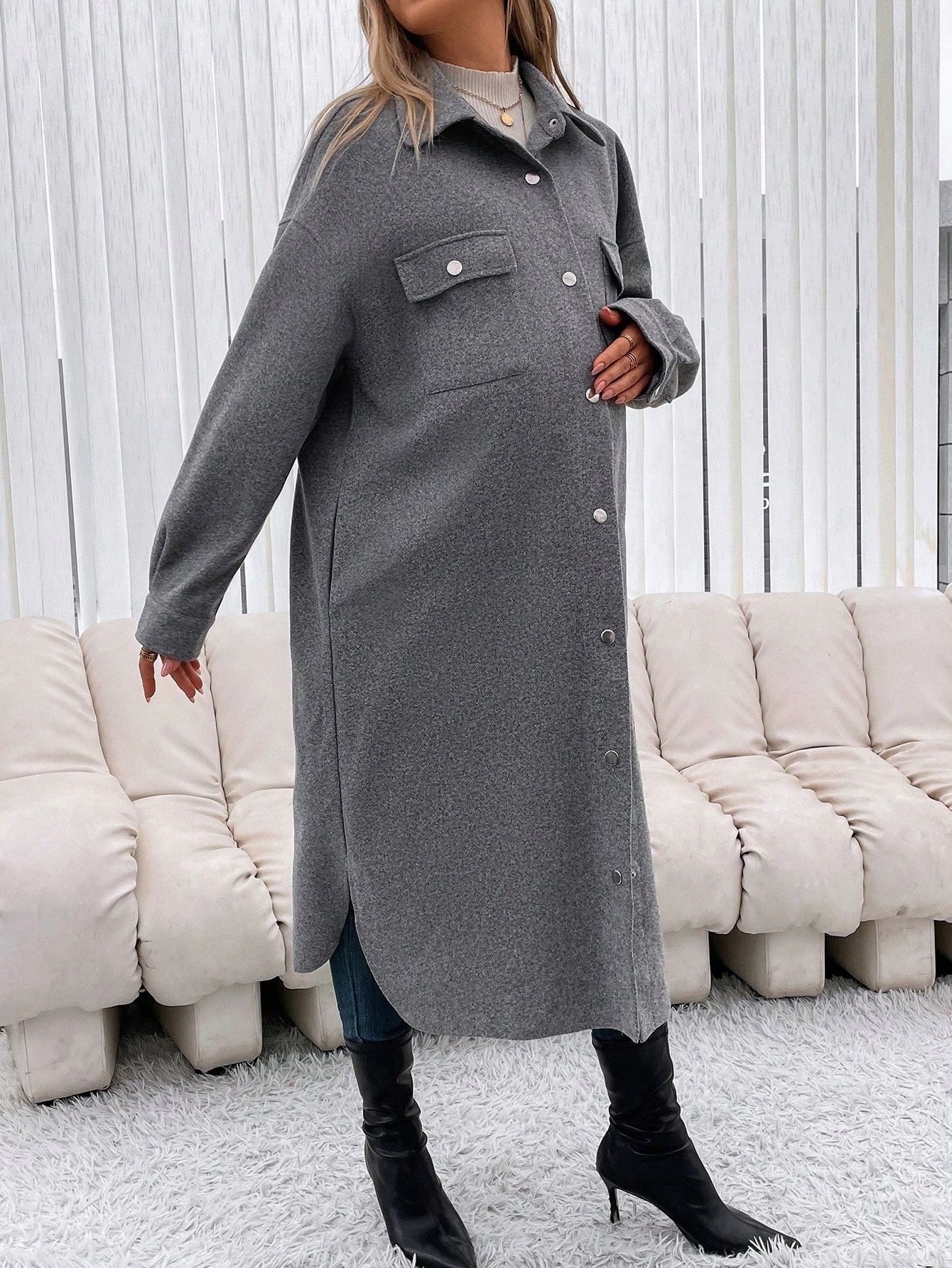 Těhotenský Kabát MIDI Šedý Se Sníženými Rameny Casual Shein M 38