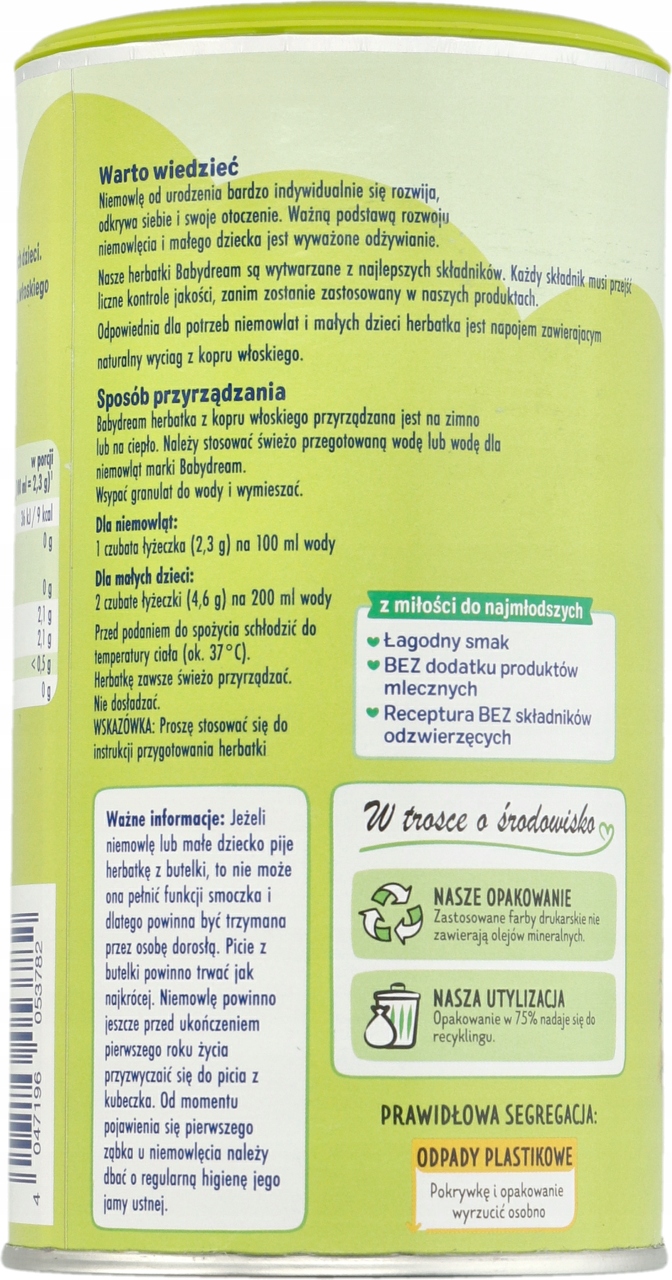BABYDREAM HERBATKA INSTANT 4m+ Z KOPRU 2x190g Rodzaj opakowania puszka
