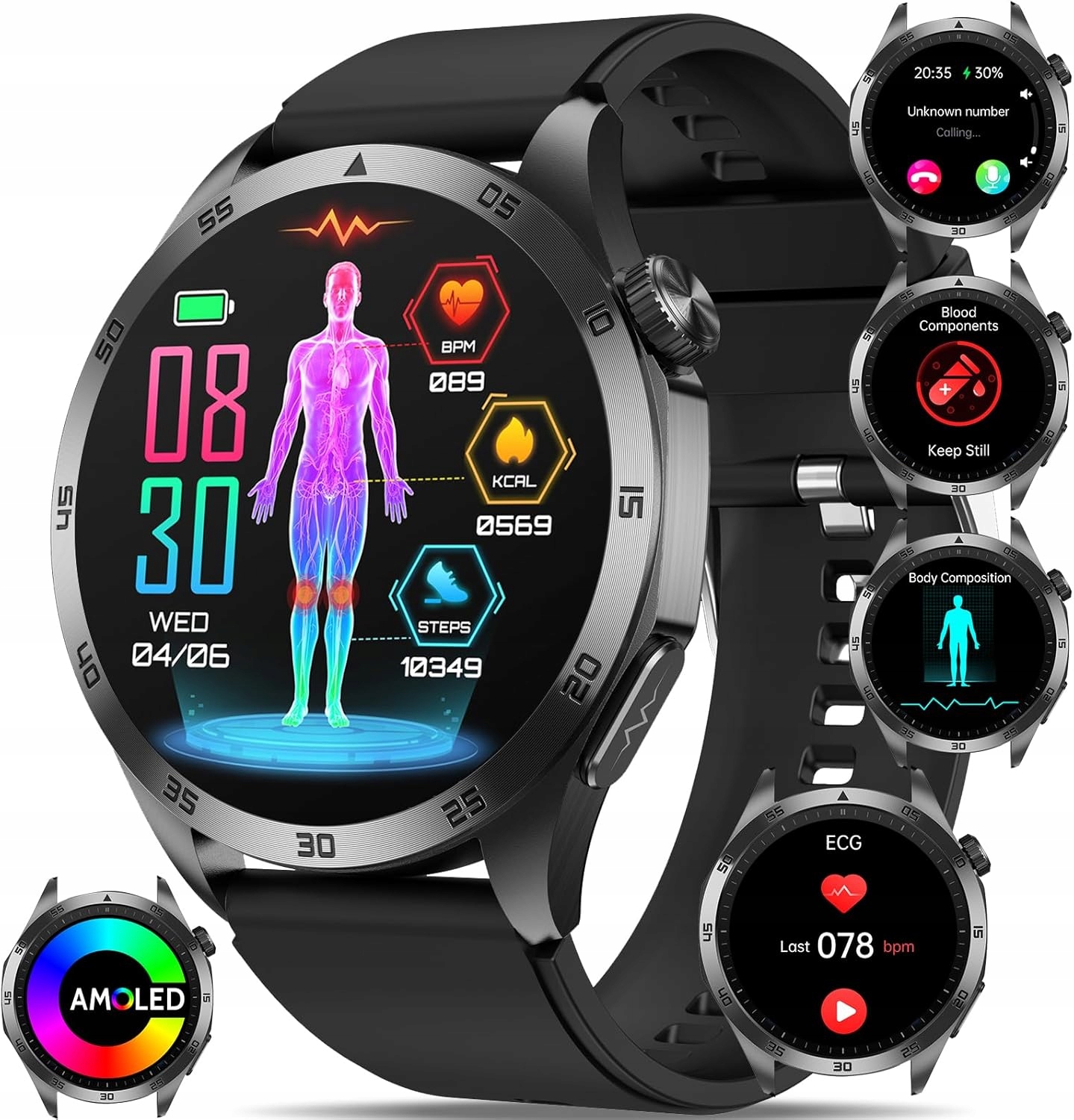 Smartwatch Zegarek Ekg Rozmowy Ciśnienie Glukoza Skład Krwi 1,72 Amoled Hrv