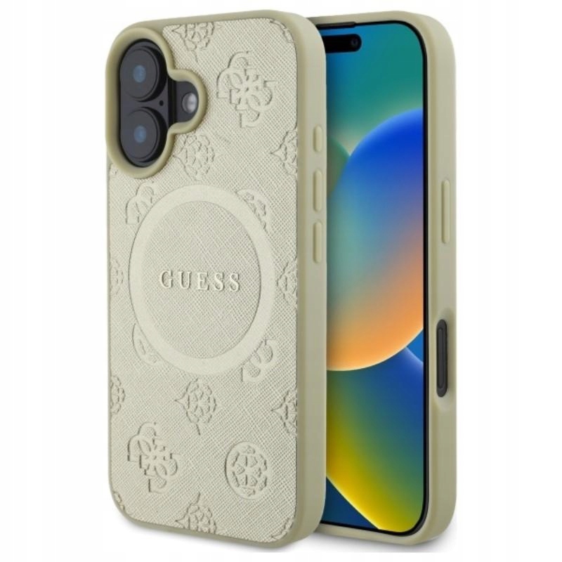 Pouzdro Guess pro iPhone 16 MagSafe Saffiano Peony Originální módní zlaté pouzdro