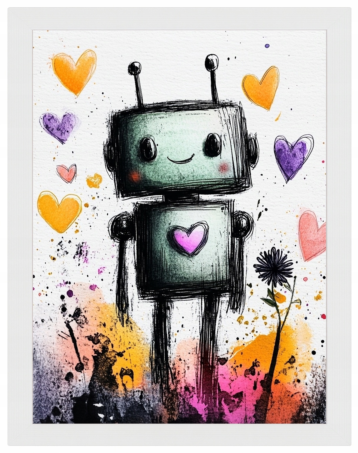 Plakát Rámeček Dřevo Grafika Portrét Robot Android Srdíčko 60x80