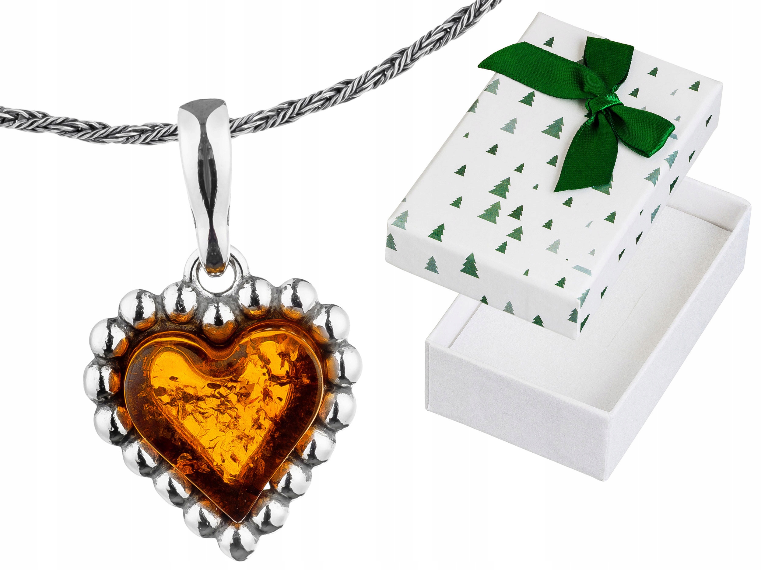 Krátký Stříbrný Oxidovaný Dámský Náhrdelník Srdce s Jantarem Choker 38 cm