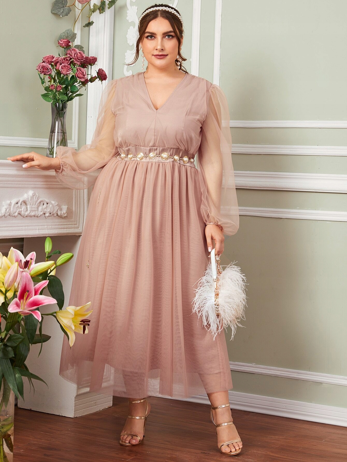 Šaty lesklá tylová maxi dusty pink XL 42
