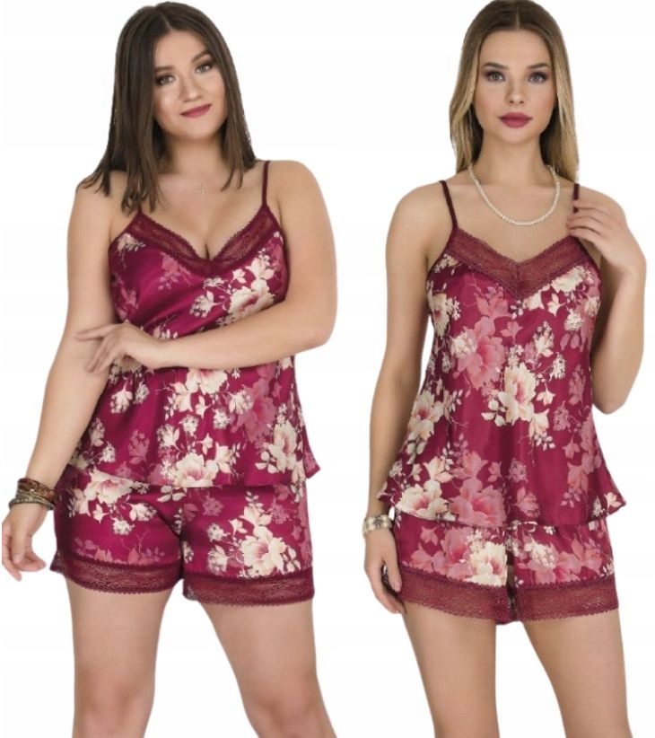 Saténové Pyžamo S Krajkou Bordó Pyžamo Ze Saténu Tričko Šortky S