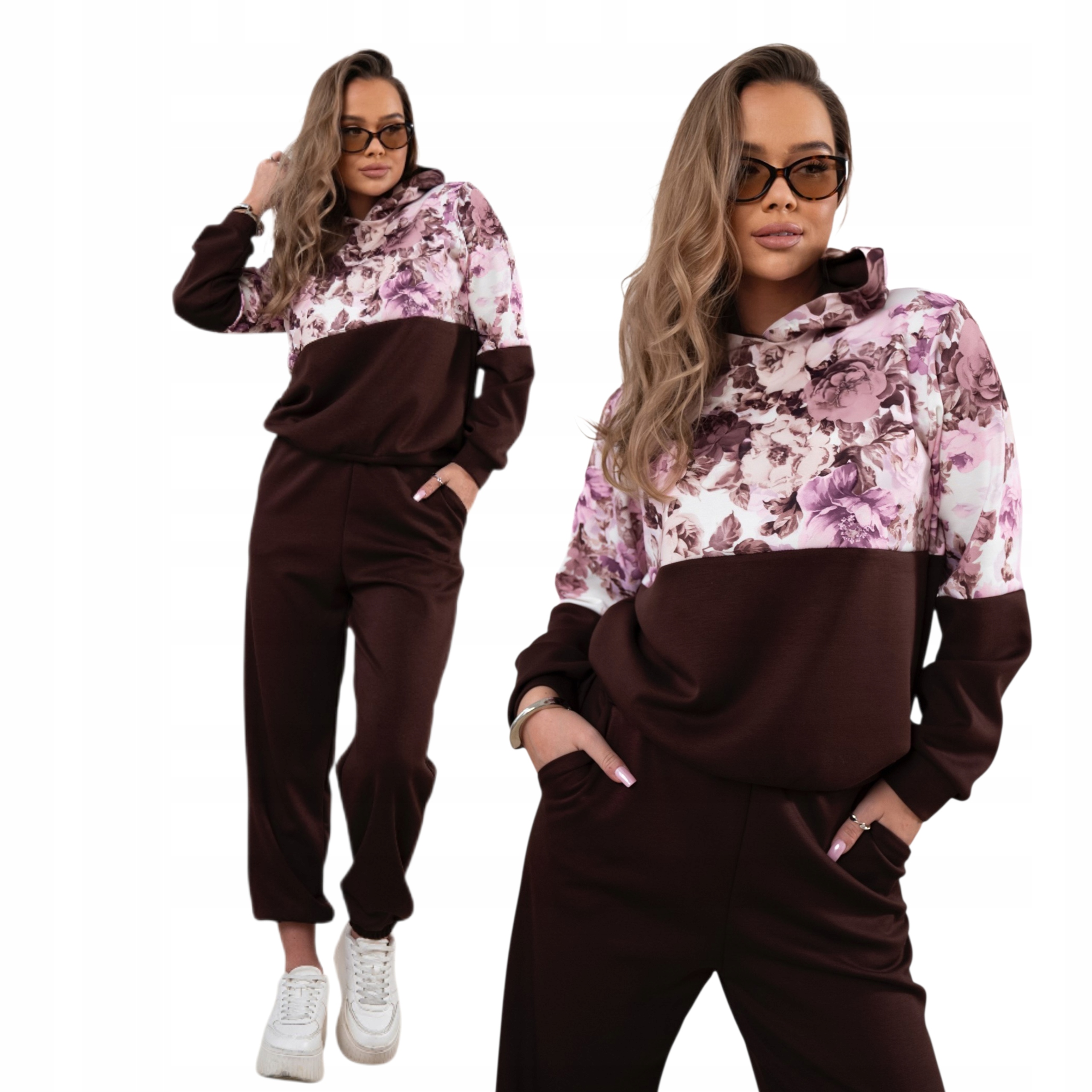 Tepláková Souprava Mikina S Kapucí S Květinami Viskóza vel. L/XL Čokoládová