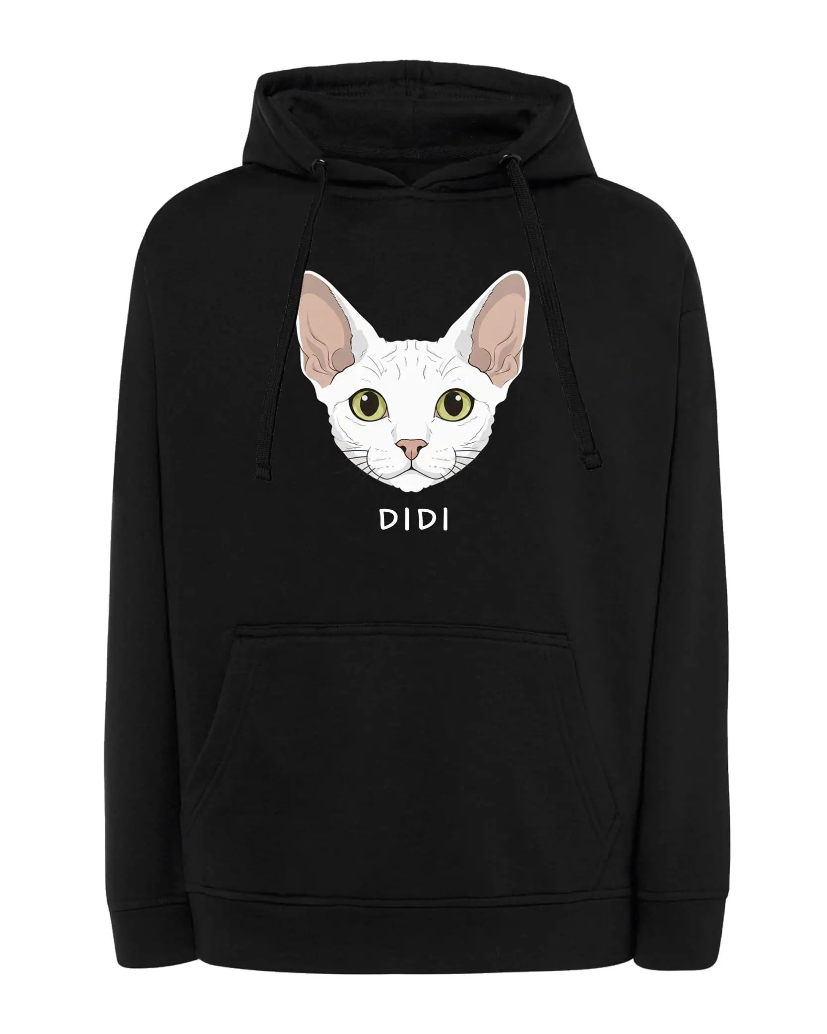 Mikina s kapucí Devon Rex Bílá Personalizovaná Kočka Pupil Černá XL