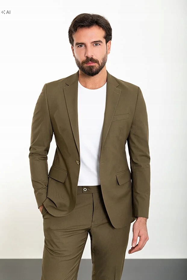 Pánský Olivový Hladký Elegantní A Moderní Oblek 54 5IA