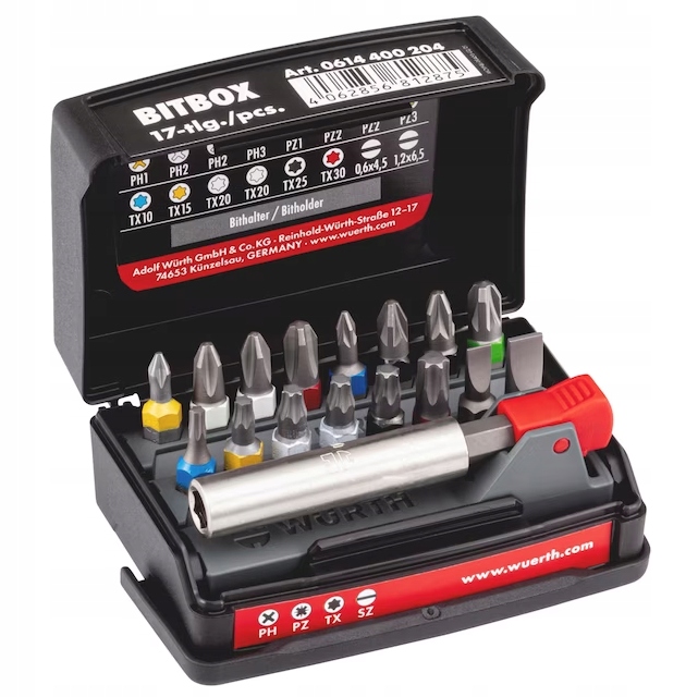 WURTH Zestaw Bitów Do Wkrętarki 17-Elementów z Przedłużką w Pudełku ...