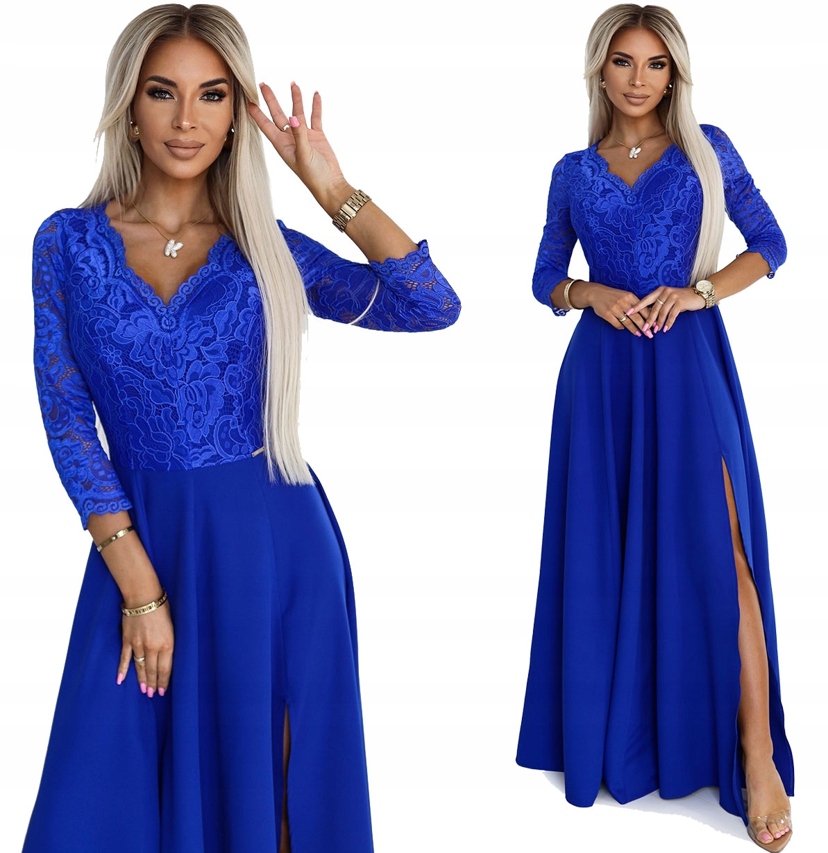 Krásná Dlouhá Sukně S Krajkovým Výstřihem, Večerní, Modrá, 2XL