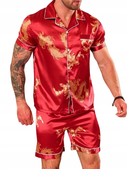 Červené Pyžamo Čínské Draci Hedvábná Saténová Rozepínací Pyžamo XL