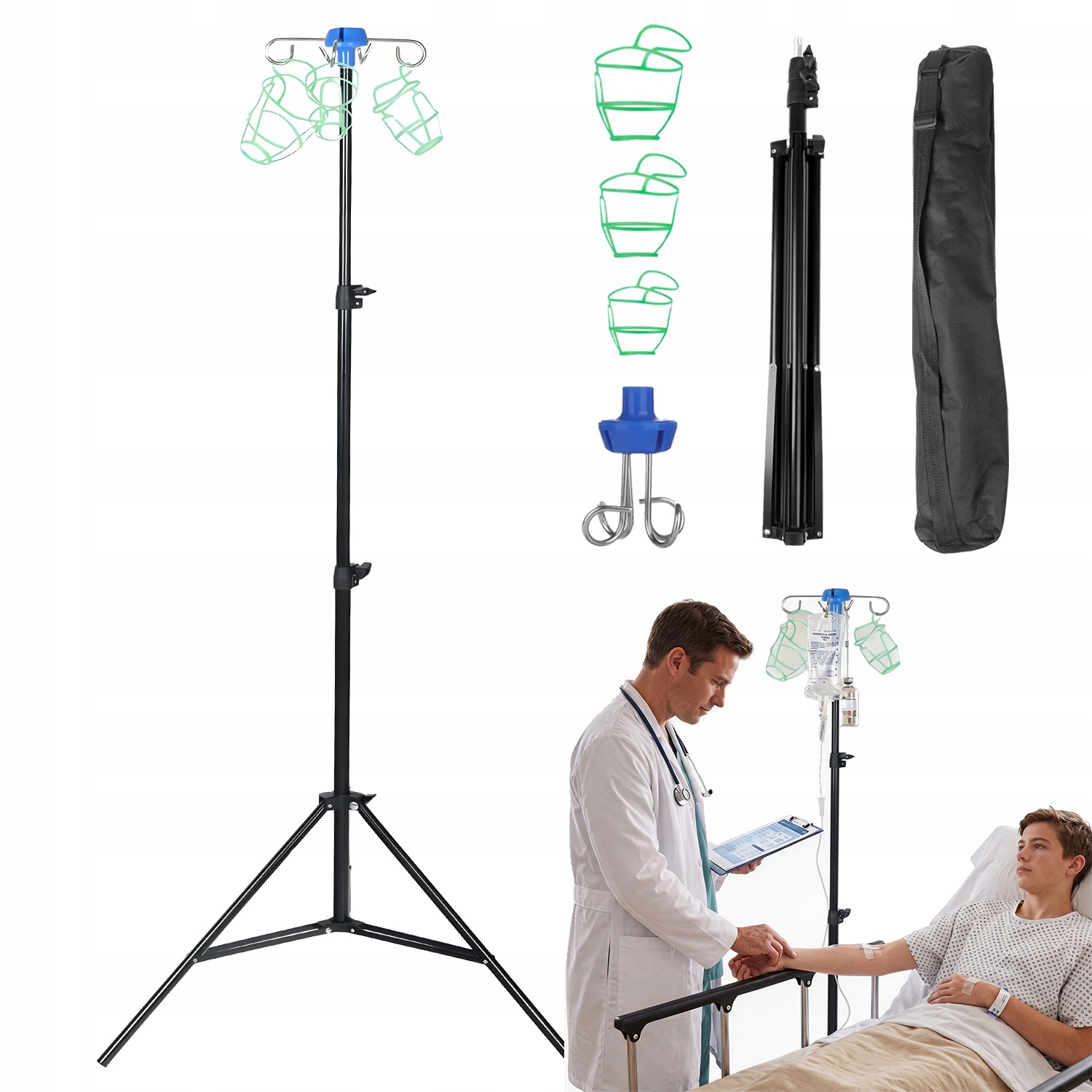 Regulowany Statyw Do Kroplówek 70-190 CM, Trójnog Konstrukcja Stabilna