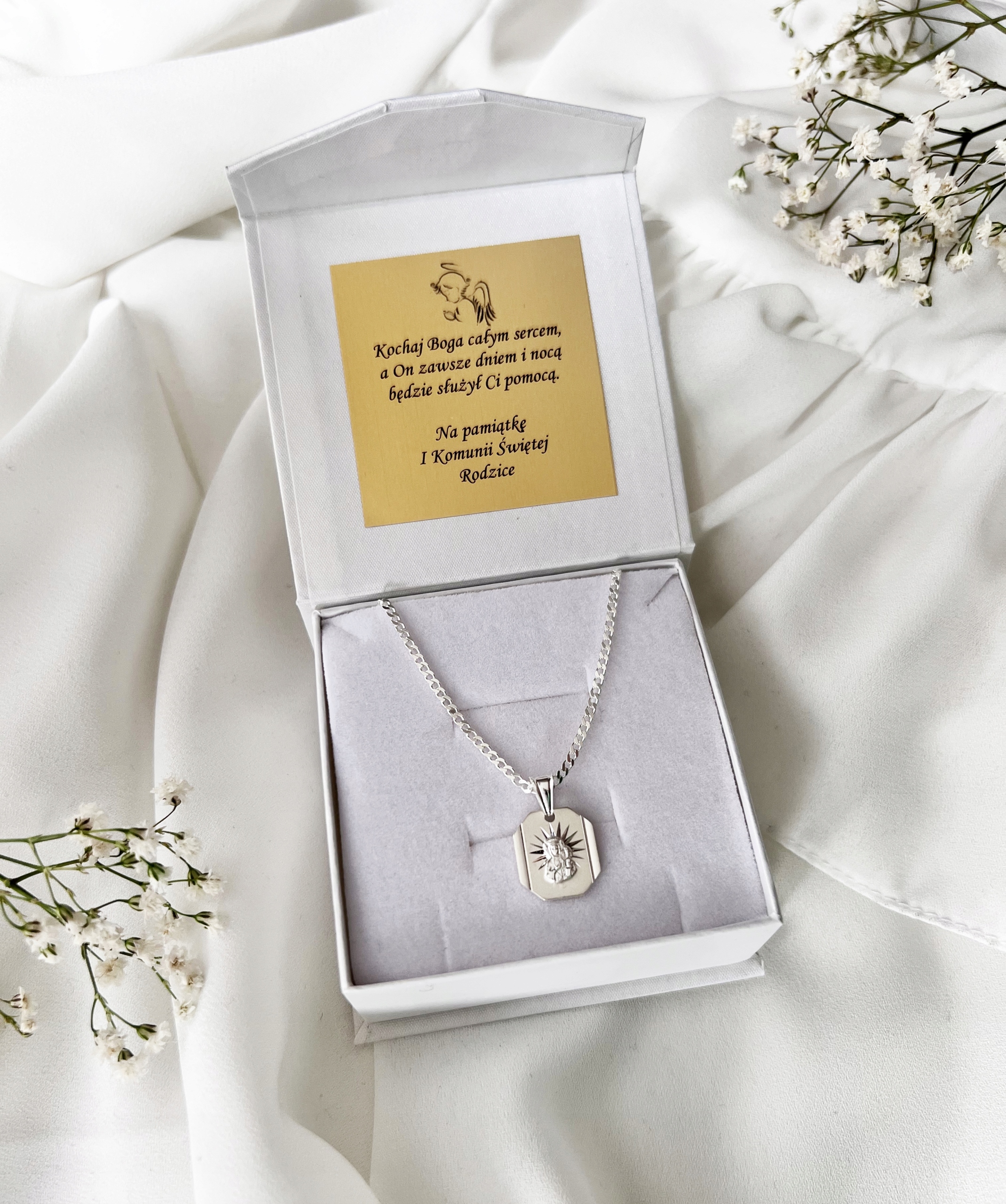 SREBRNY ŁAŃCUSZEK PANCERKA I MEDALIK na komunię i chrzest Marka Abrasar