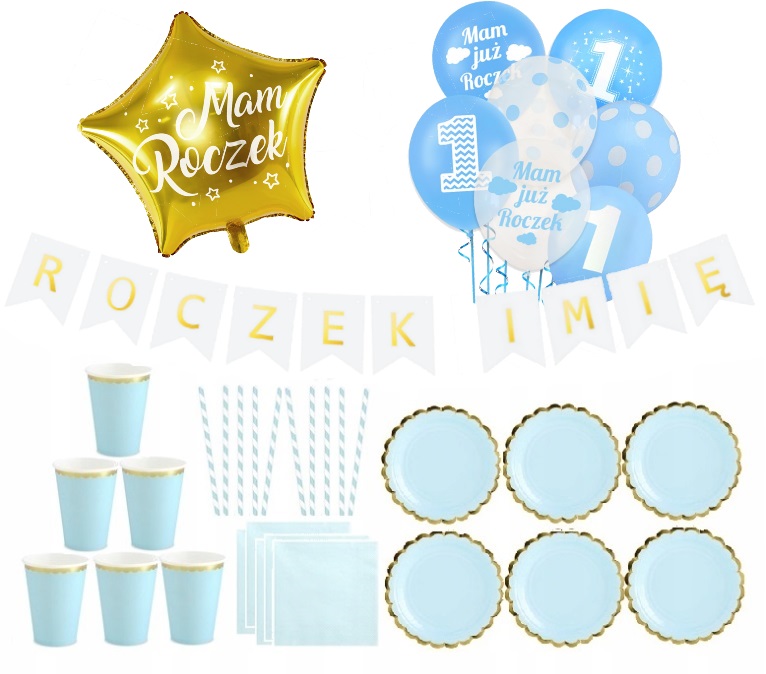 

Balony baner zestaw kubeczki talerzyki na Roczek
