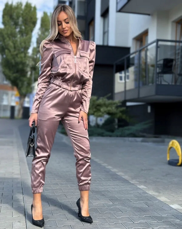 Saténový dámský komplet Bomber Joggery Vysoký pas Premium Mokka M
