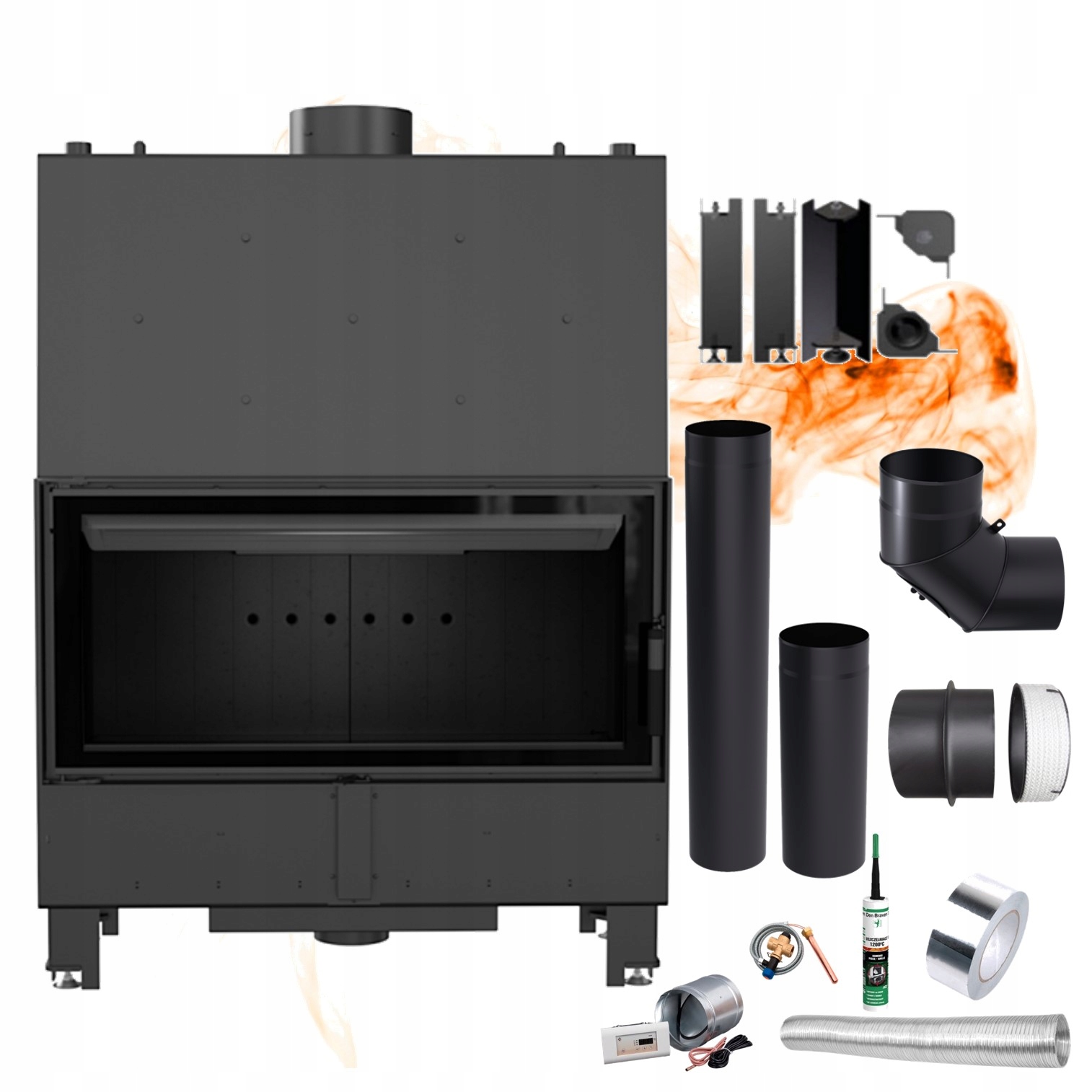 Krb s vodním pláštěm Kratki Lucy 20 kW černý, uvnitř sada trubek