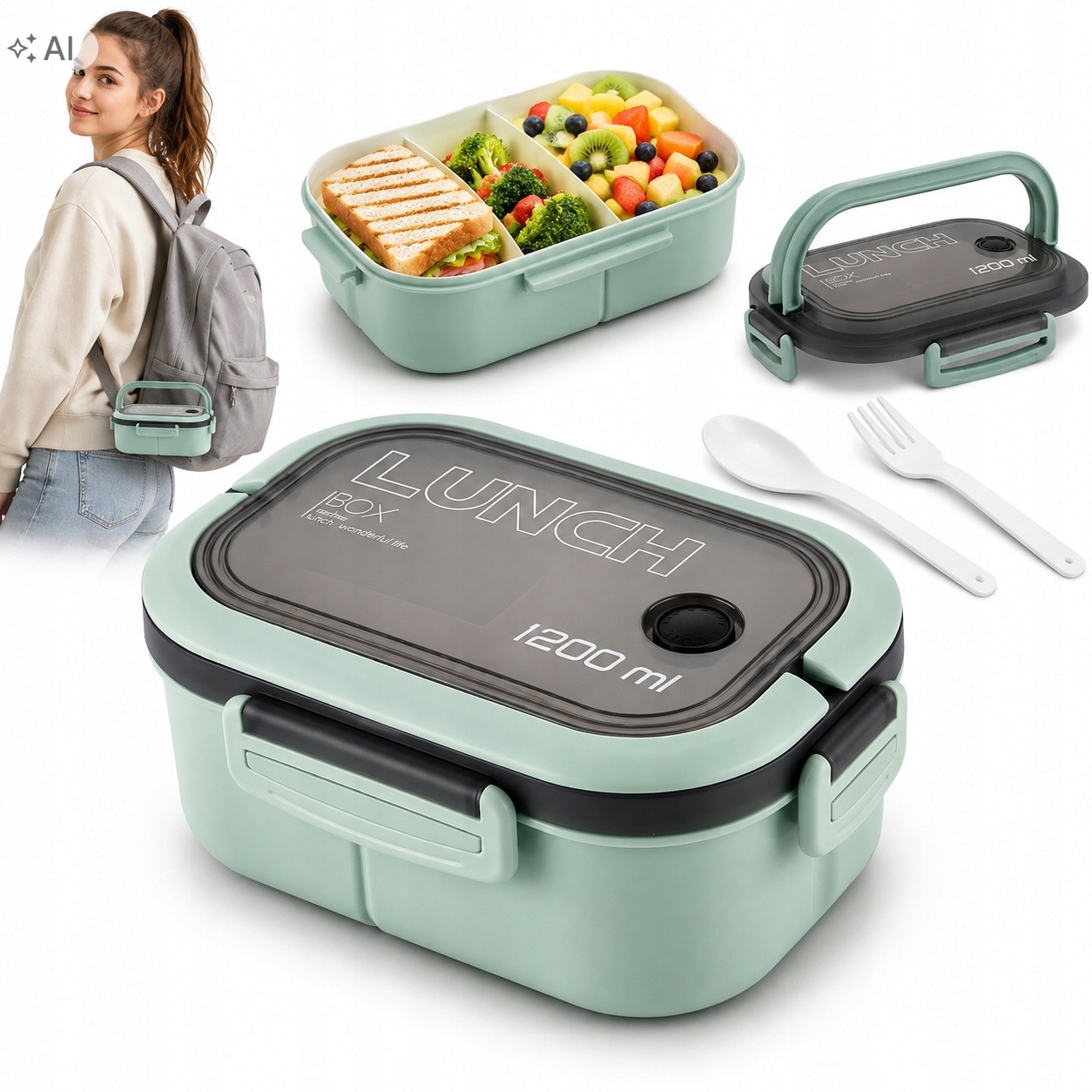 Śniadaniówka Z Przegródkami Szkoły Duża Dla Dzieci Lunchbox Zielona 1200ML