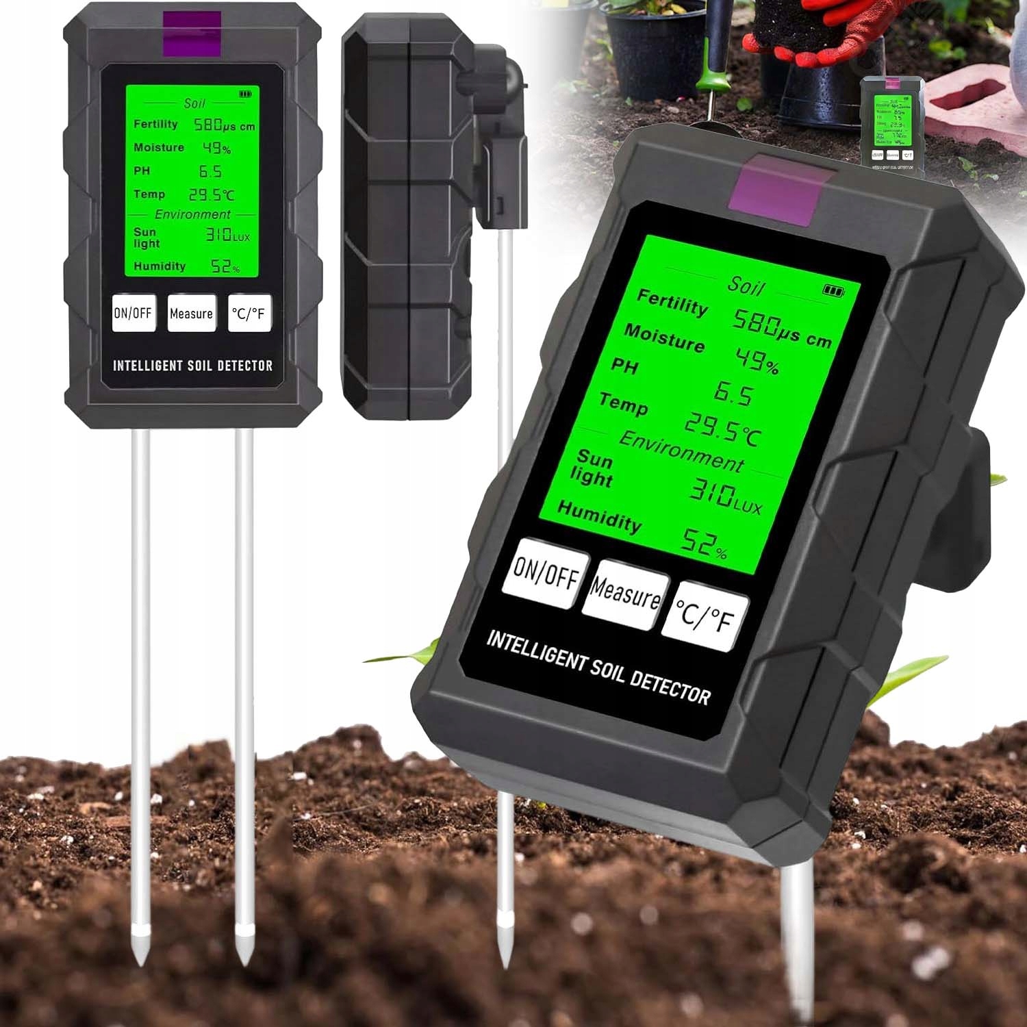 6 V 1 Tester Půdy Úrodnost Vlhkost Teplota Ph Apod. Pro Zahrady S LCD