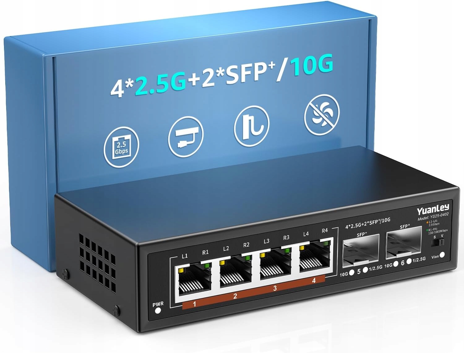 YuanLey Przełącznik 6 Portów 2,5G, 4x2,5Gbps, 2x10Gbps Sfp+, QoS/VLAN/IGMP
