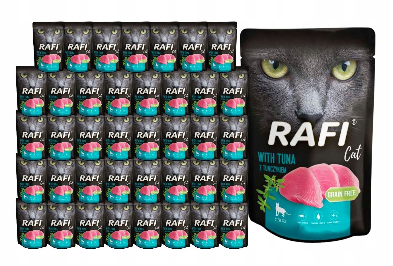 Levně Rafi mokré krmivo pro kočky sterilizované tuňákem 40x100g Bezobilné