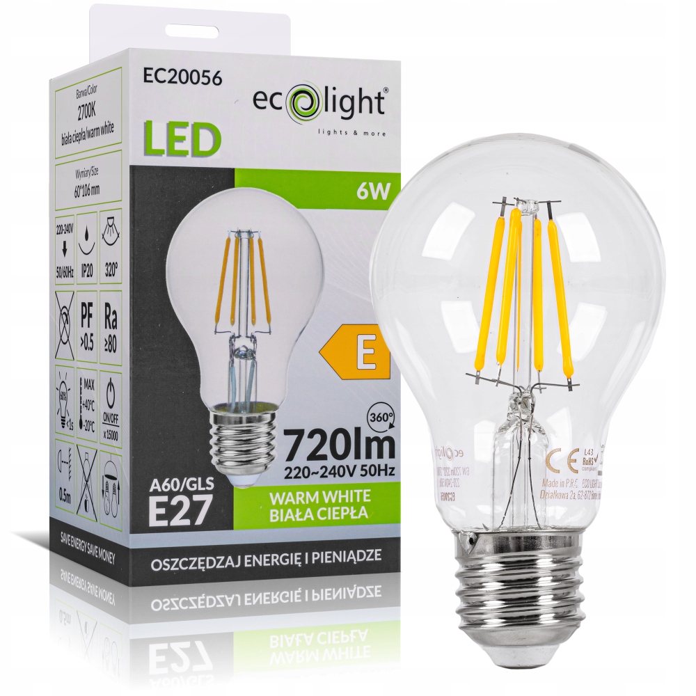 ŻARÓWKA LED E27 FILAMENT RETRO CIEPŁA BIAŁA OZDOBNA EDISON 6W 720 lm