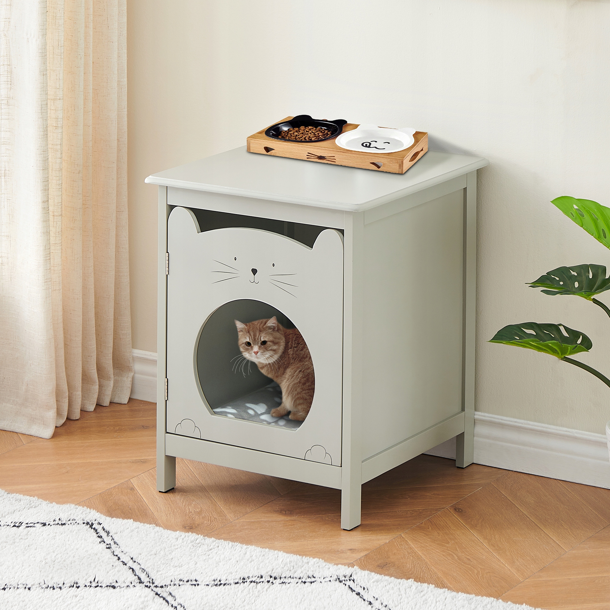 Levně Skříňka pro kočky, toaleta pro kočky, domeček pro kočku, 2v1 noční stolek, šedá