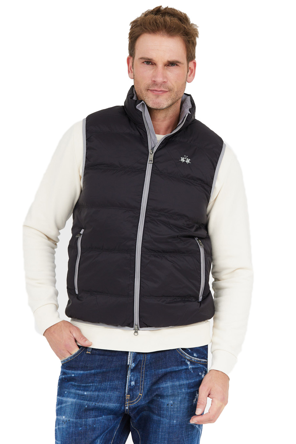 La Martina Černá péřová bunda bez rukávů, velikost M