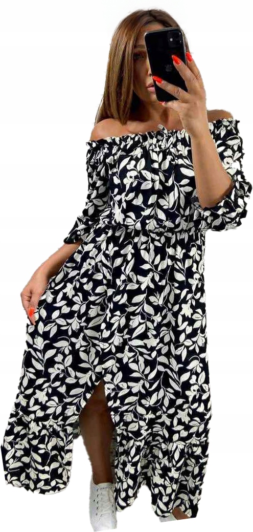 Šaty maxi Plus size Letní 100% Viskóza Odhalená ramena Černobílá 48