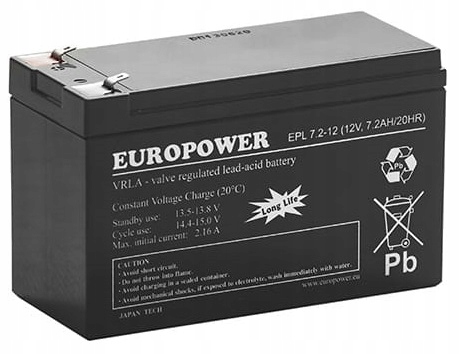 AKUMULATOR BATERIA AGM BEZOBSŁUGOWY EUROPOWER EPL 12V 7,2Ah EPL7,2-12 7.2