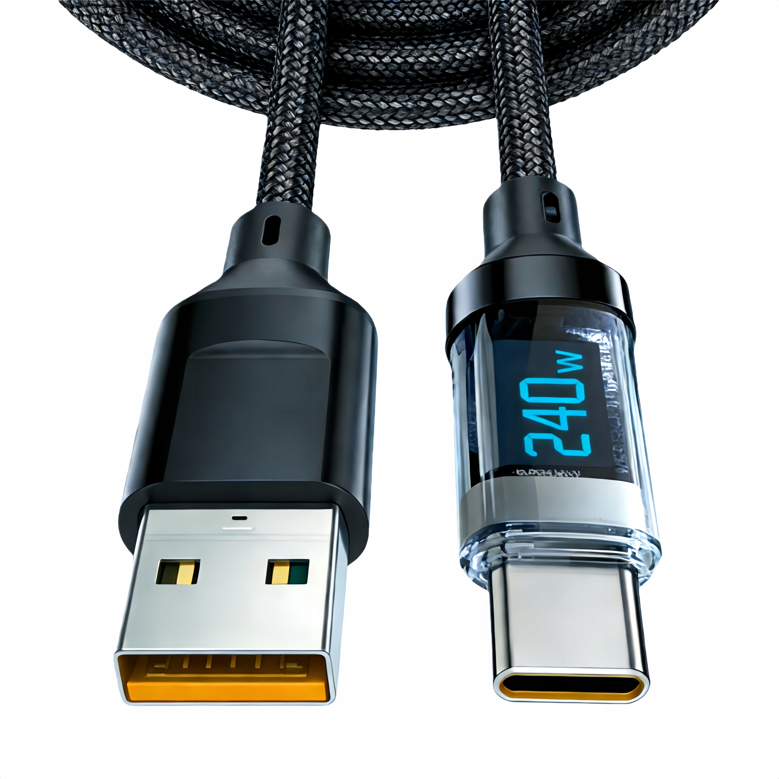 KABEL USB-A USB-C PD 240W WYŚWIETLACZ LED PRZEWÓD ŁADOWANIE DANE 1m CZARNY