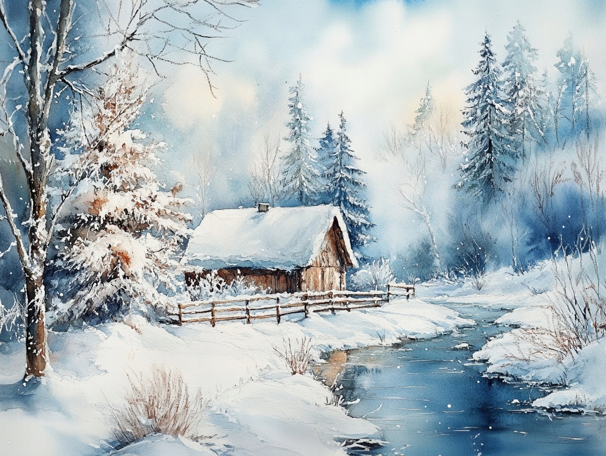 Obraz Na Plátně Canvas Krajina Zima Les Dům Řeka Sníh 80x60