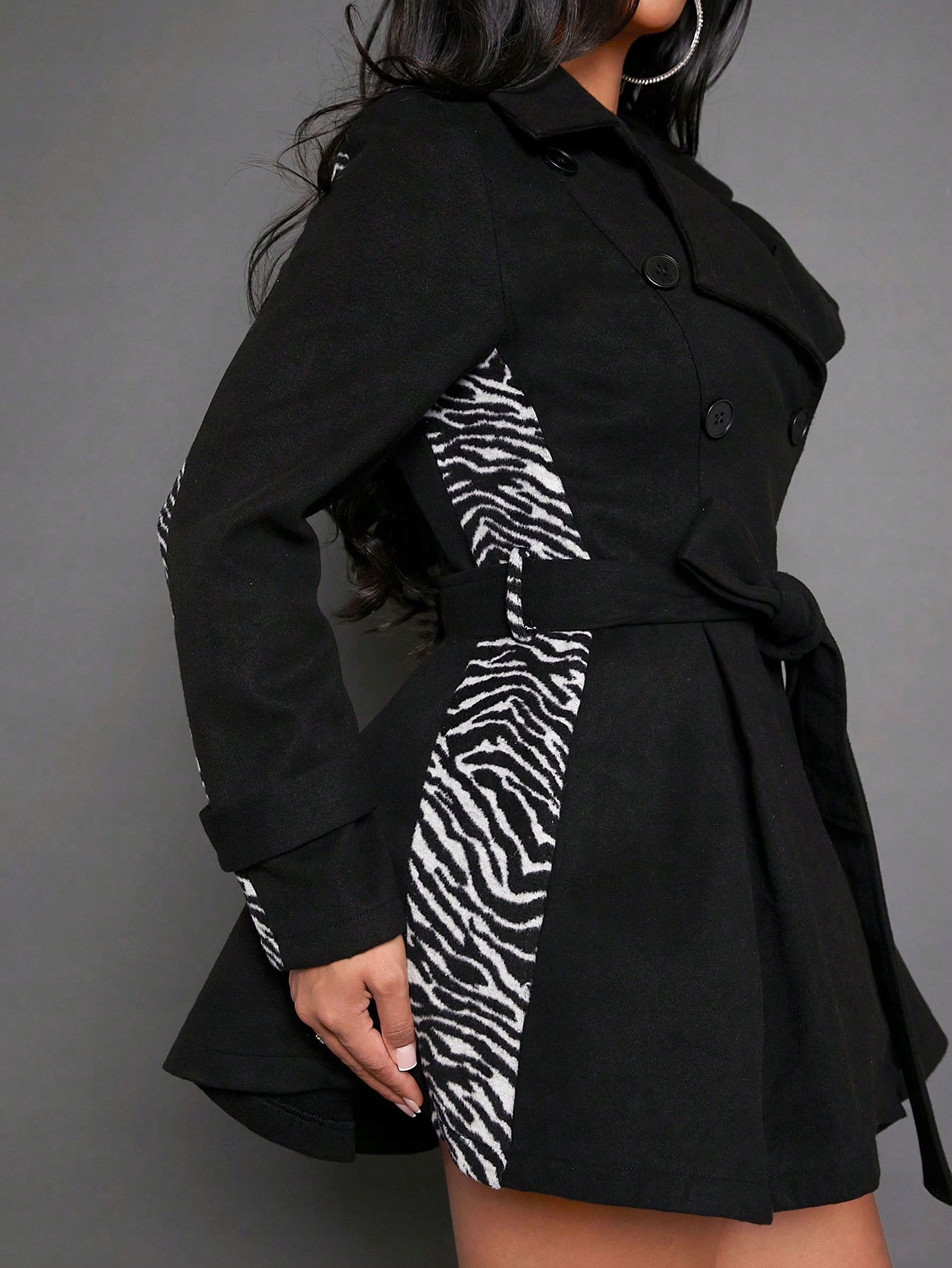 Dámský Dvouřadý Kabát Elegantní Rozevřený Černý Zebra Shein M 38