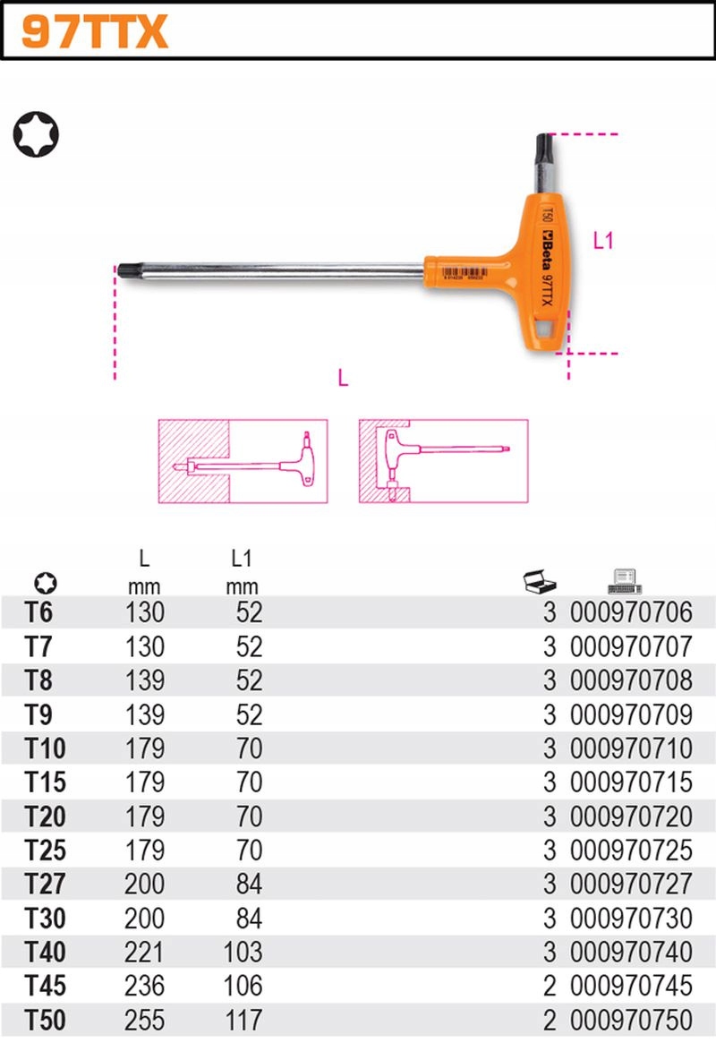 KLUCZ SZTORCOWY SZTORC RĄCZKA TORX 25 97TTX BETA EAN (GTIN) 8014230000008
