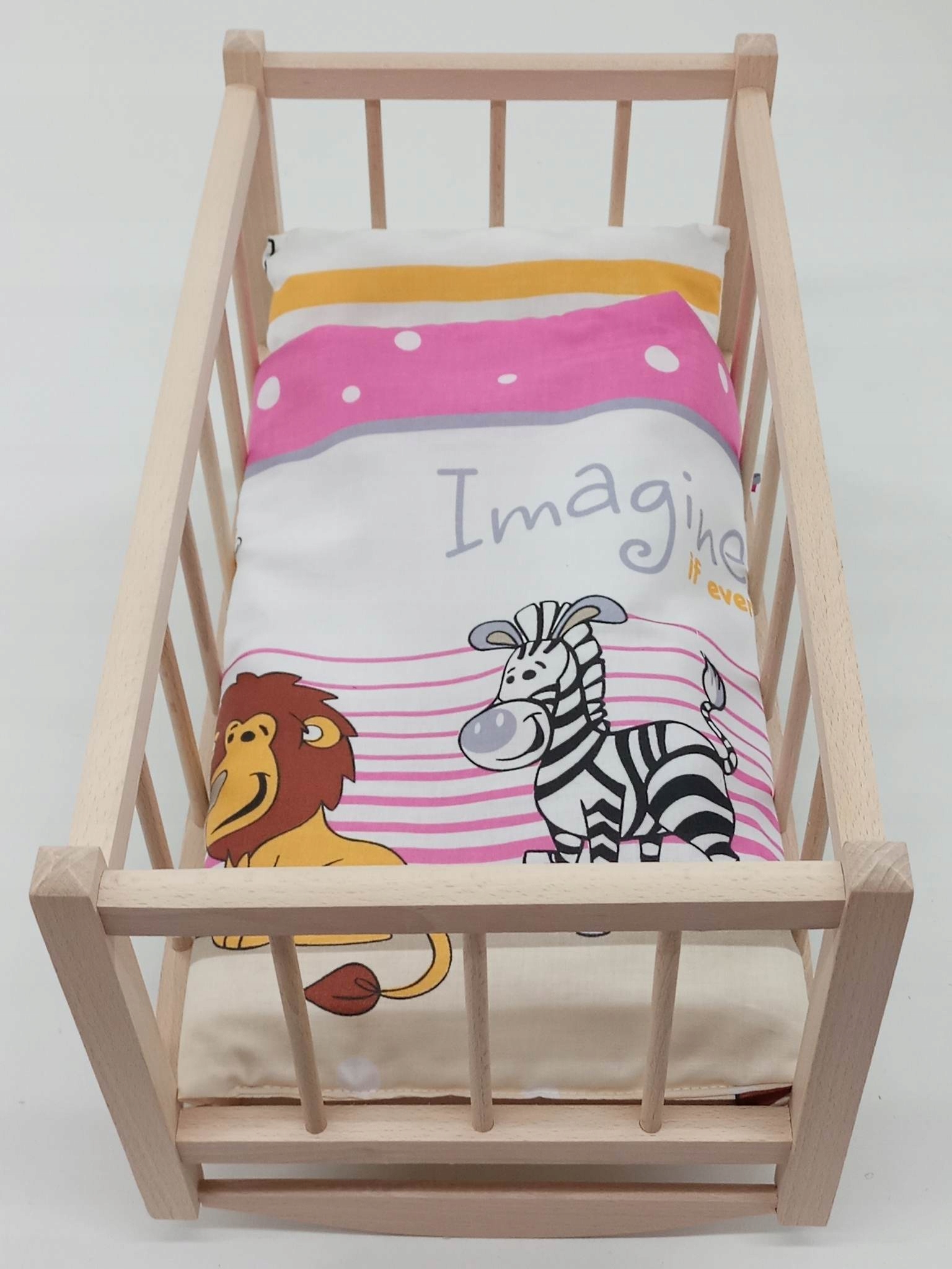 KOŁYSKA dla lalek drewniana + pościel 3 ELEMENTY