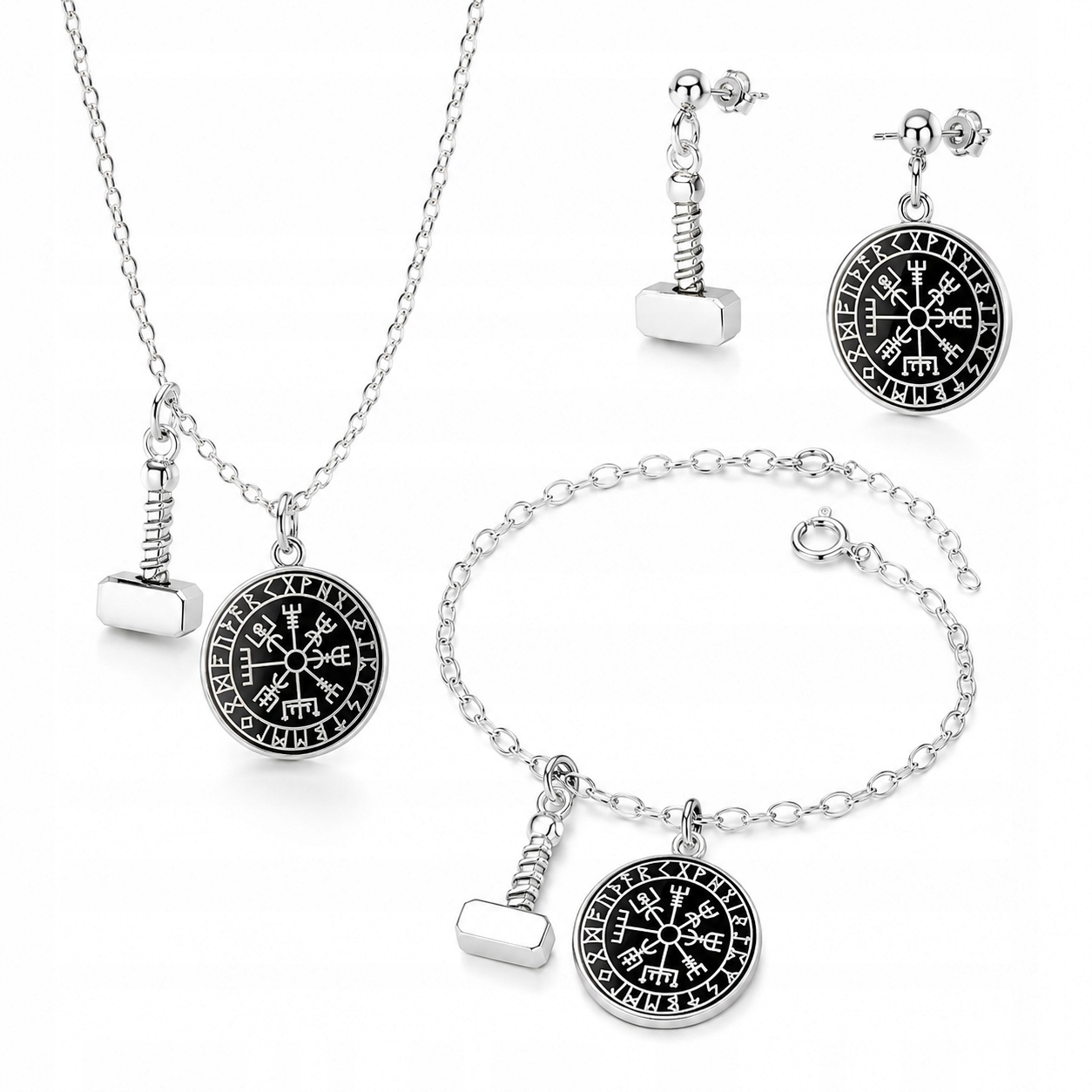 Kompas Vegvisir Kladivo Mjolnir Wiking Stříbrný komplet rolo oval stříbro 925