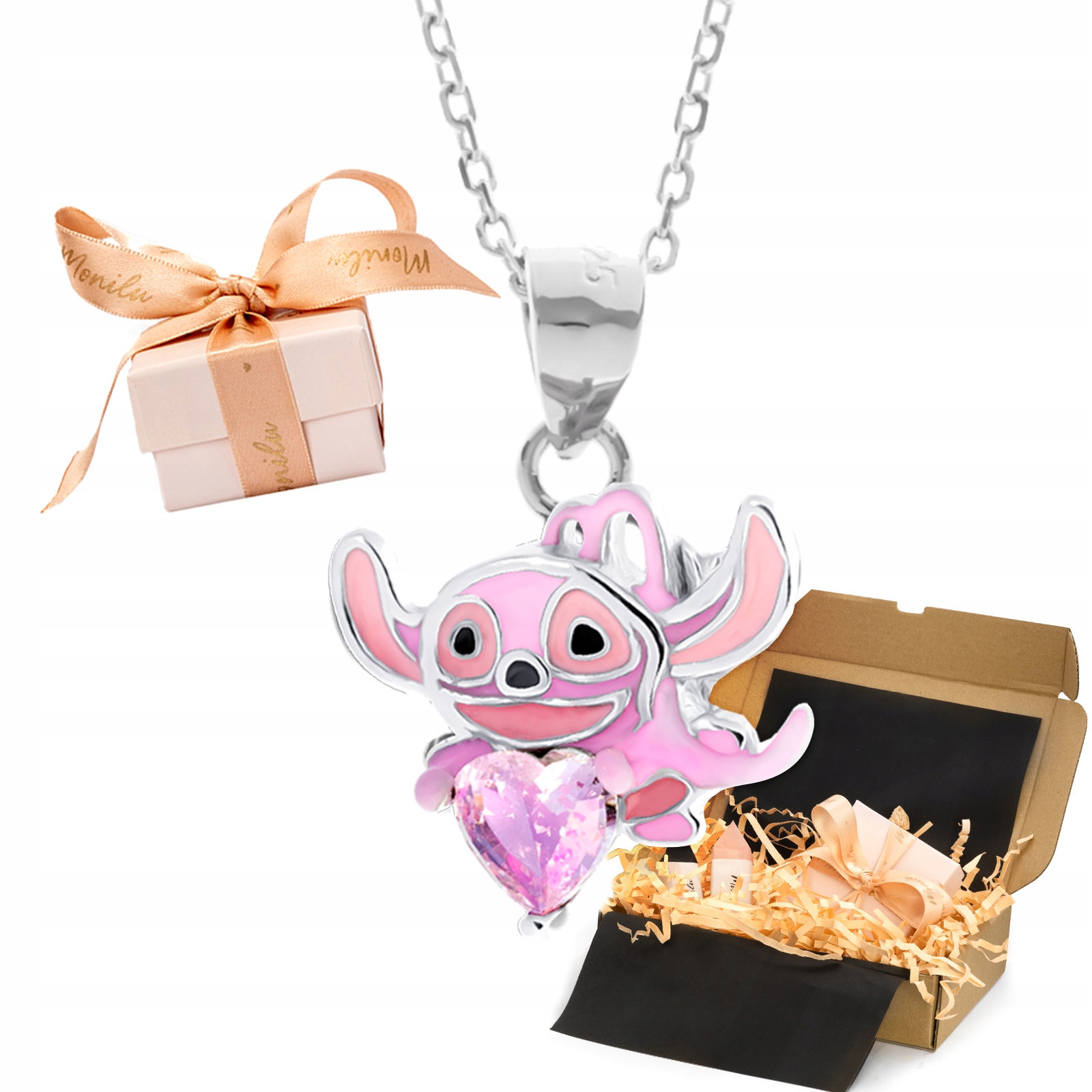 Stříbrný náhrdelník 925 Růžový Stitch Angel Srdce pro malou slečnu Dárek