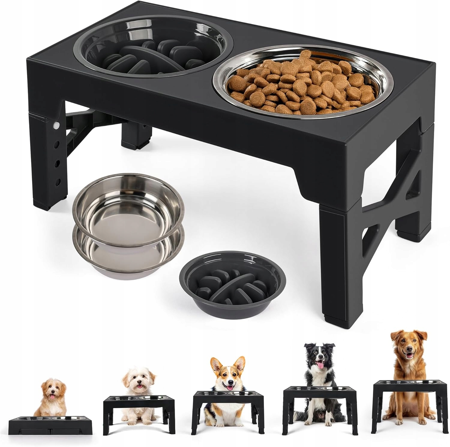 Levně Velká Miska Pro Psa Na Stojanu, Dvojitá, Nastavitelná, Zpomalovací Miska 3V1