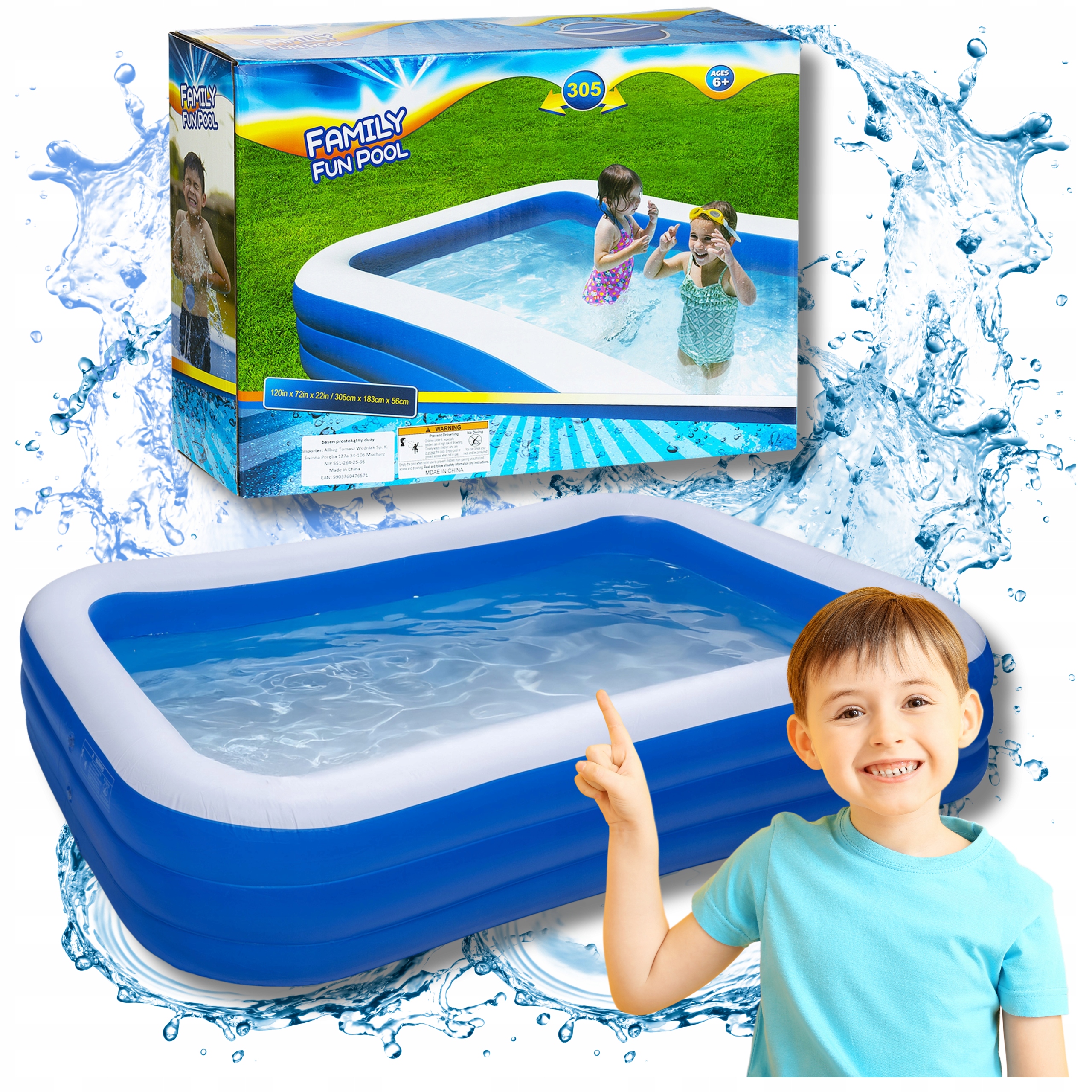 Duży Basen Ogrodowy Dmuchany Prostokątny Rodzinny Wakacje Lato 305x183 cm
