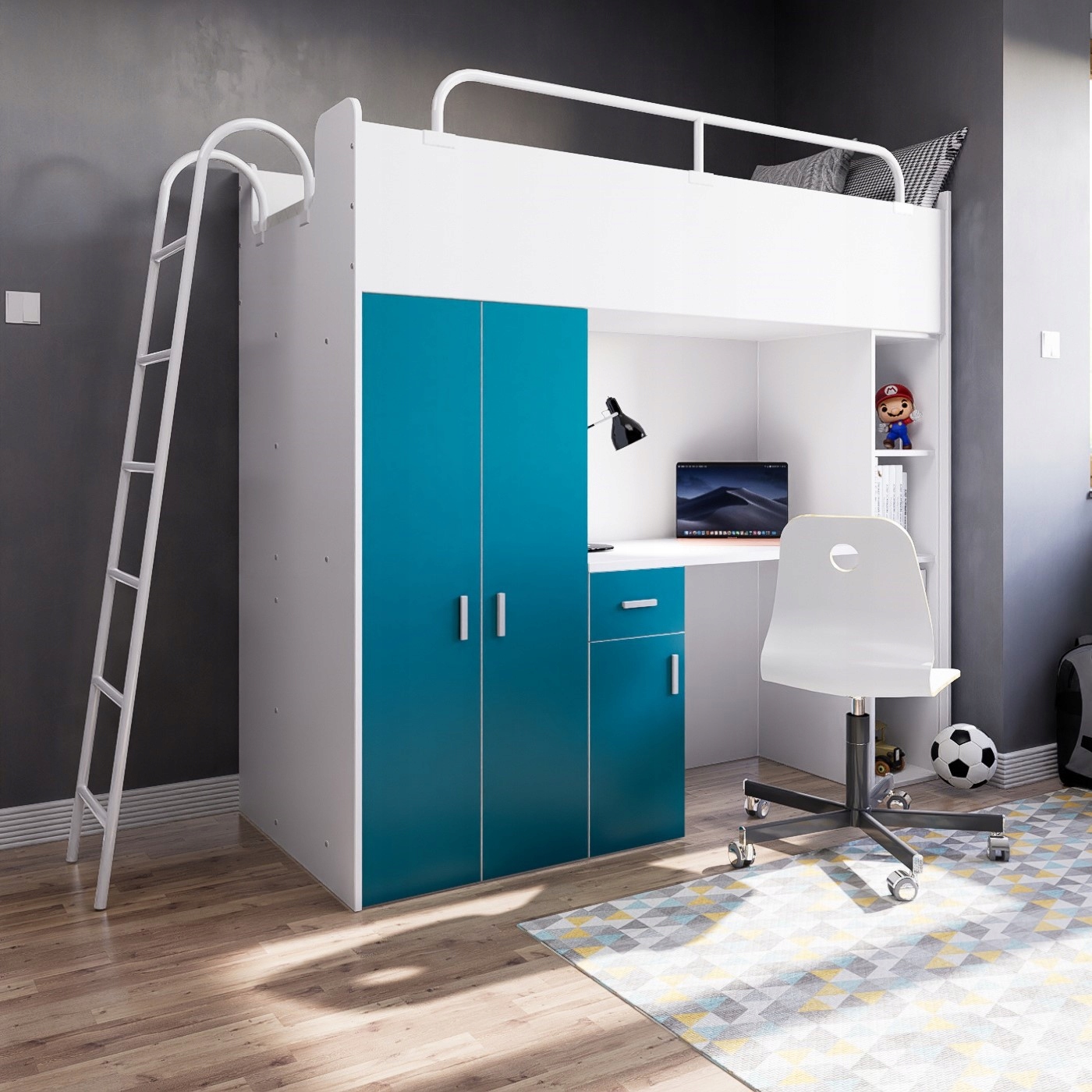 Łóżko piętrowe JSM4 80x190 cm z szafą, biurkiem i drabinką grafit Szerokość mebla 125 cm