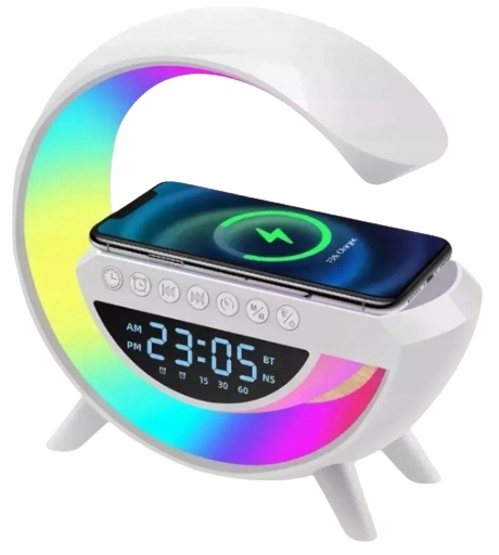 Lampka LED RGB Głośnik Ładowarka INDUKCYJNA QI Zegar RADIO BUDZIK Bluetooth Długość/wysokość 23 cm