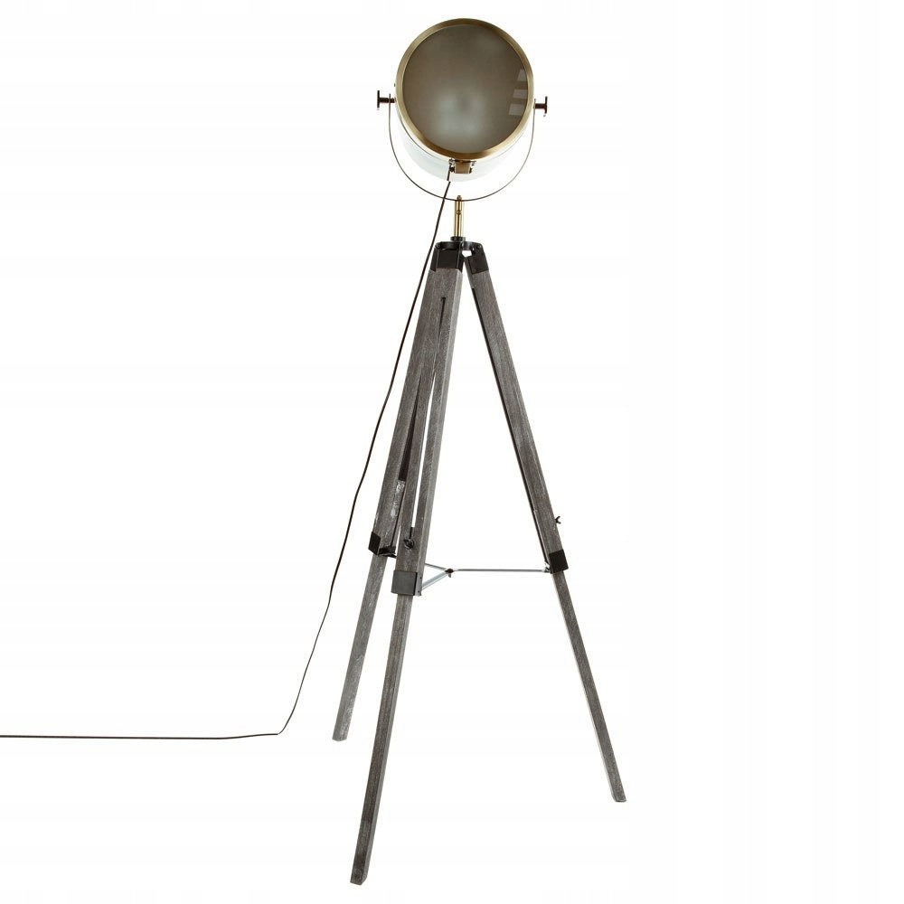 Podlahová lampa trojnožka hnedá, industriálna, v tvare reflektora.