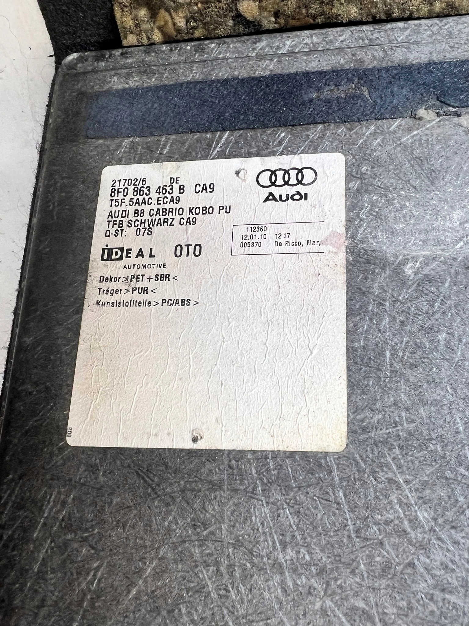 floor boot AUDI A5 CABRIO 8F0863463B CA9
