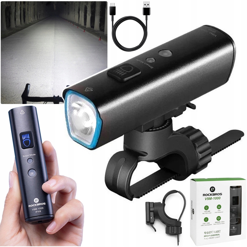 RockBros Smart Lampka Rowerowa Przednia 1000lm IPX6 Usb-c na Kierownicę