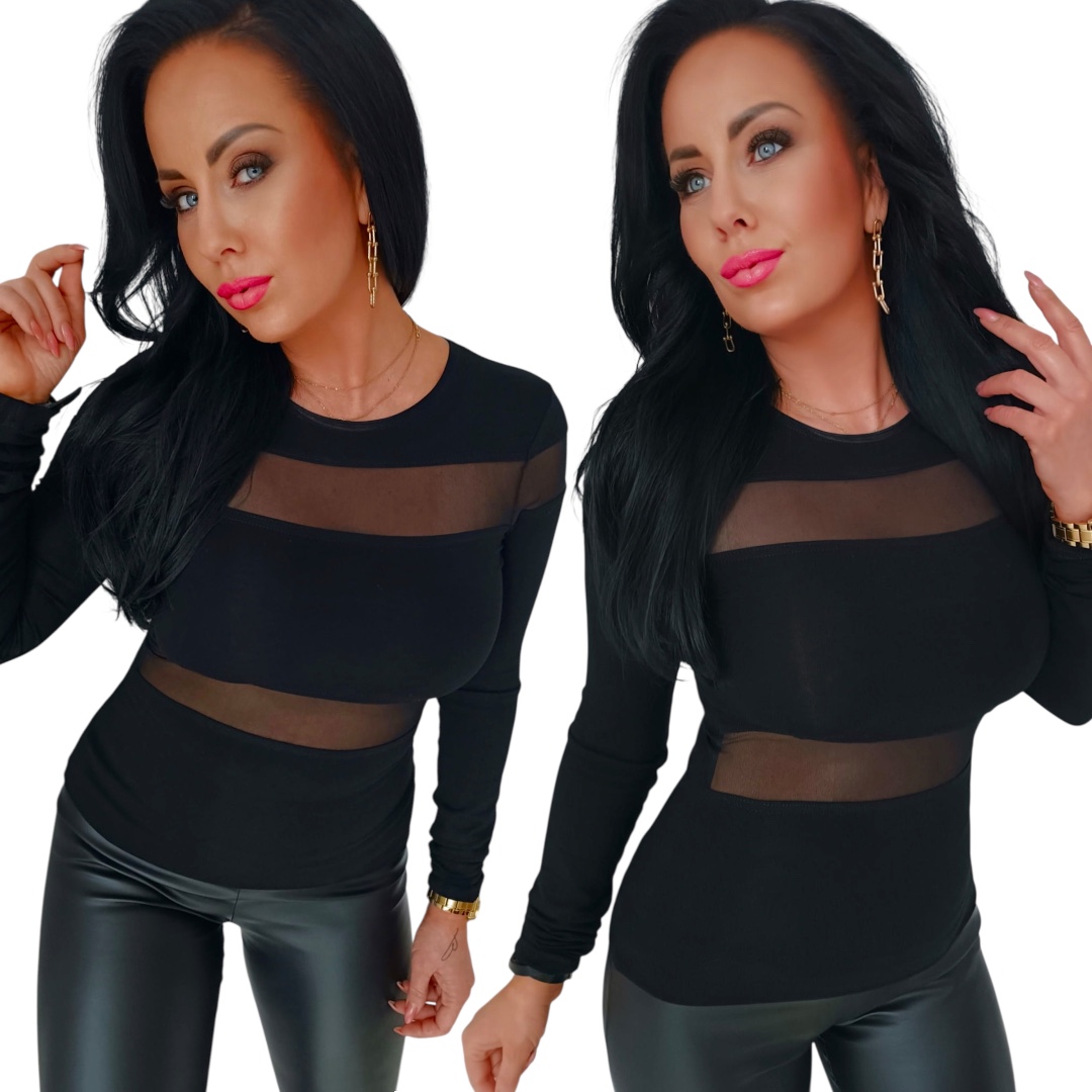 Dámská černá večerní halenka, elegantní se síťovinou, elastický tyl velikost S 36