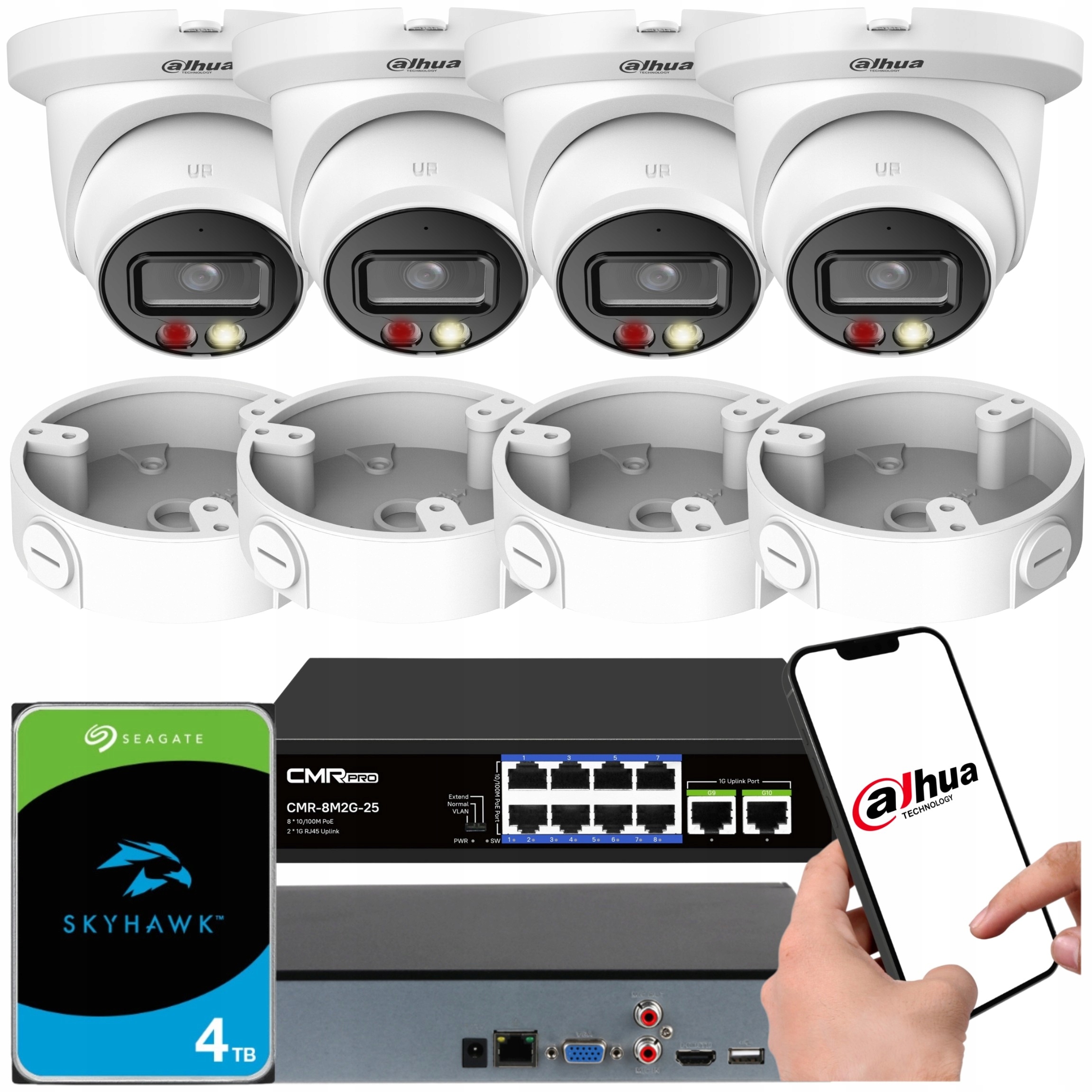 Monitorovací sada 4x kamera Dahua 8Mpx rekordér switch disk 4TB plechovky