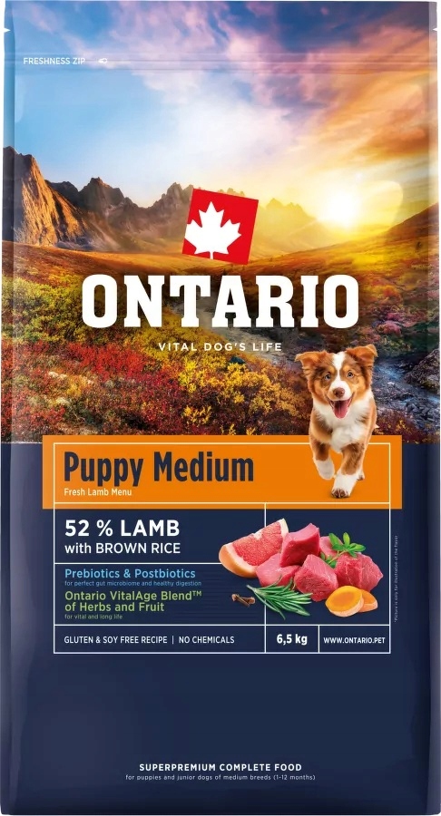 Ontario Puppy Medium Jagnięcina z Brązowym Ryżem 6,5kg