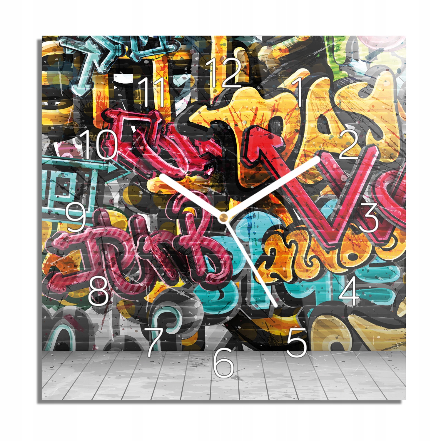 

Mur graffiti ulica zegar na szkle 30x30 kwadratowy