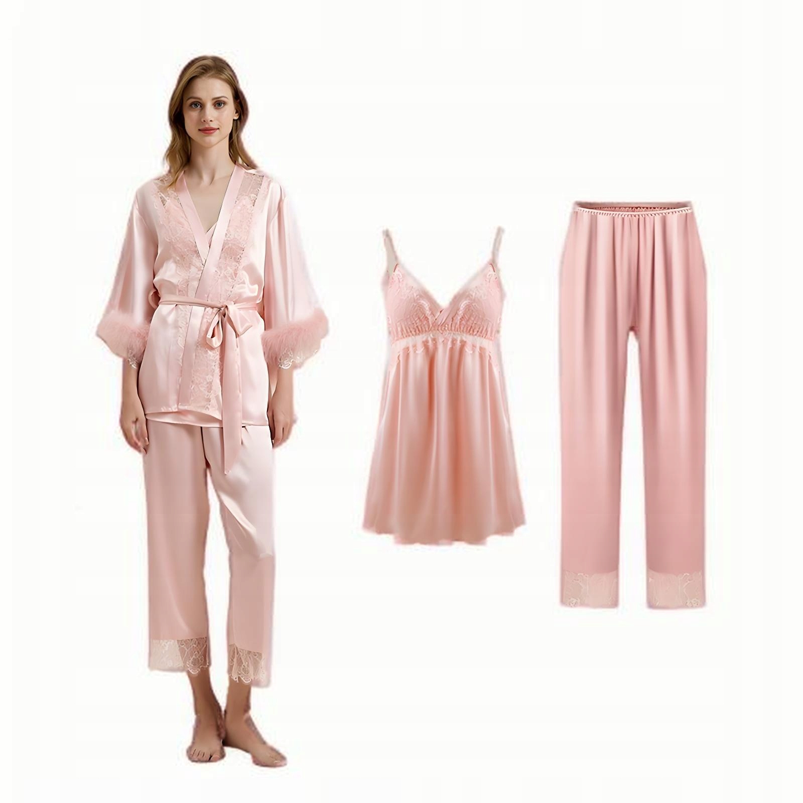 Třídílná sada dámského pyžama, krajkové hedvábné domácí oblečení