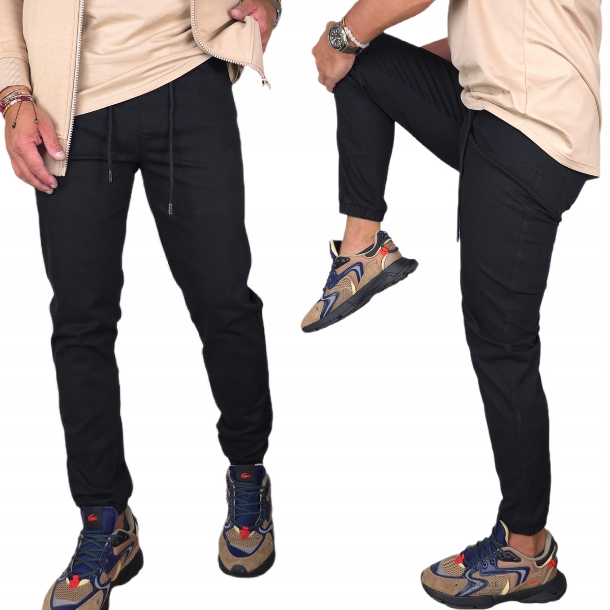 Spodnie Męskie długie rozciągliwe Czarne Joggery Pas Z Gumką M