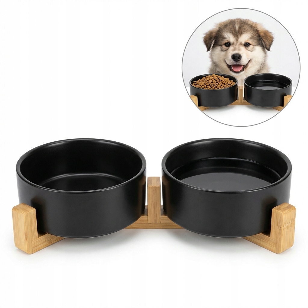 Levně Keramická dvojmiska pro psy a kočky s bambusovým stojanem, černá, 2x600ml