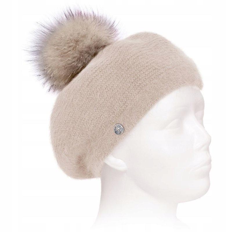 Beret Čepice dámská s přírodním bambulem Vlněná s Angorou Světle Béžová Jenot